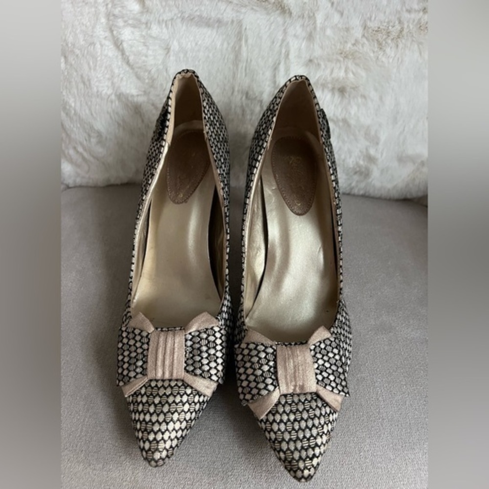 Pre-Owned Ruby Shoo Jenna Women's Heels Metallic Black Silver Gold Bow Size 9